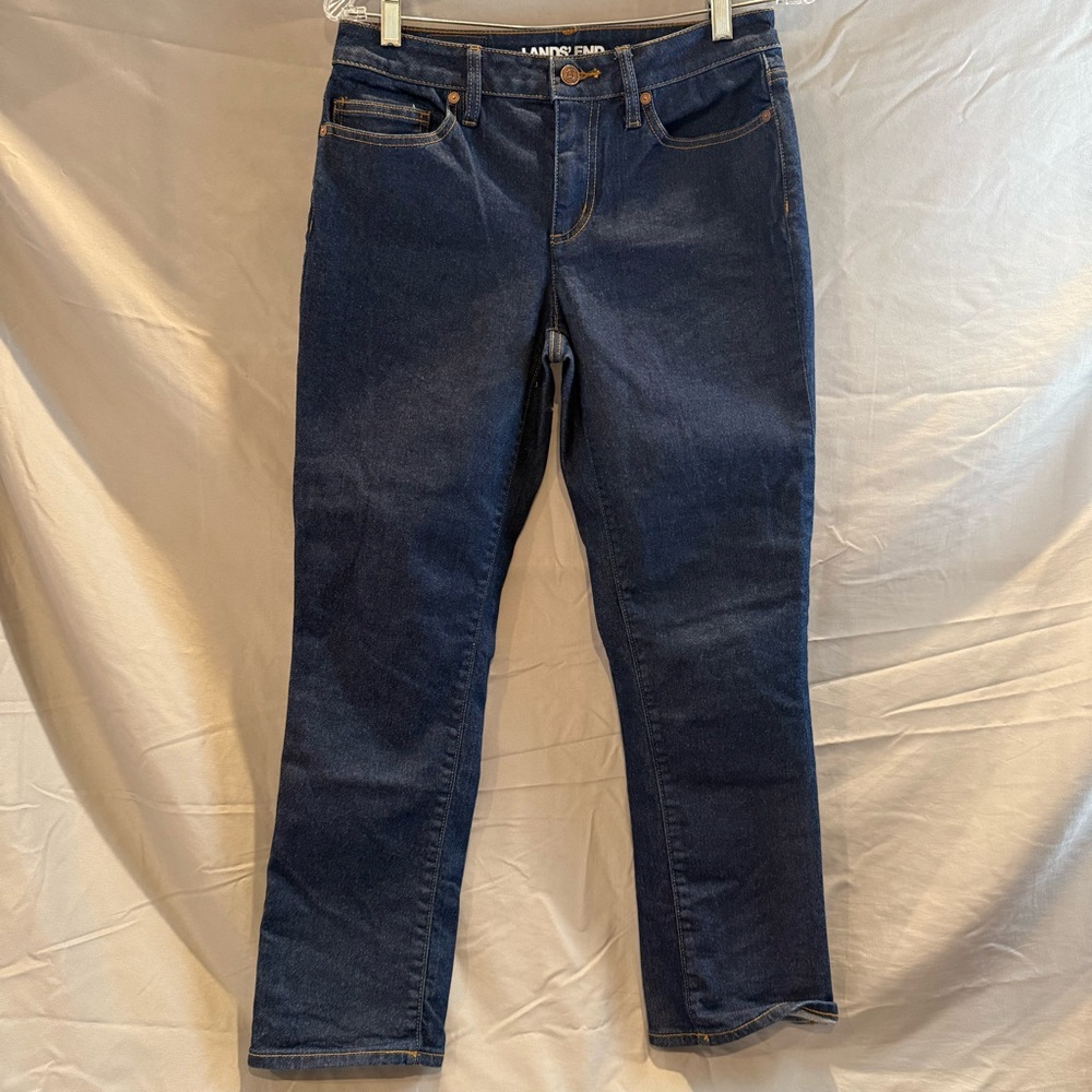 Lands’ End Dark Wash Sustainable Denim Jeans Size 8 EUC Classic Minimalist Casua